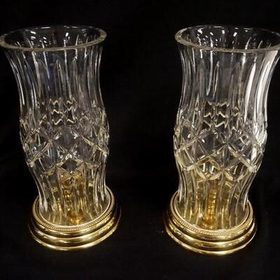 1091	PAIR OF WATERFORD HURRICANE LAMPS W/BRASS BASES, 13 IN HIGH
