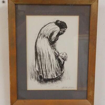 1153	KATHE KOLLWITZ FRAMED & SIGNED ETCHING TITLED *ANGUISH* 6 IN X 9 IN
