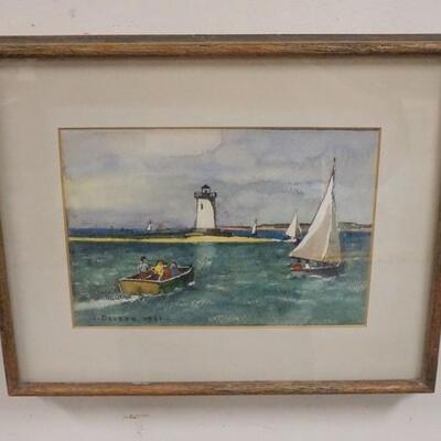 1182	JULIUS DELBOS FRAMED WATERCOLOR OF LIGHTHOUSE & SAILBOATS, 1961, 8 1/4 IN X 5 3/4 IN IMAGE SIZE
