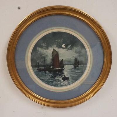 1180	FRAMED SIGNED & NUMBERED PRINT OF NIGHT SHORE SCENE W/SAILBOATS, 16 IN
