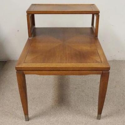 1296	MIDCENTURY MODERN STEP BACK END TABLE, ONE CANE INSERT MISSING, 28 1/4 IN DEEP X 21 1/4 IN WIDE, 24 3/4 IN HIGH
