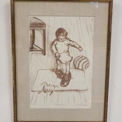 1129	FRAMED PRINT SIGNED ROSE SCHAFFER TITLED *DADDY'S SHOES* NUMBER 23/25, 10 IN X 14 3/4 IN
