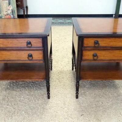 1019	THEODORE ALEXANDER CHATEAU DU VALLOIS PAIR OF FRENCH PROVINCIAL TWO DRAWER END TABLES. 26 IN X 26 IN 27 IN H 
