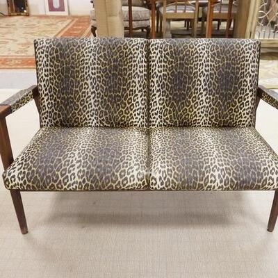1103	MIDCENTURY MODERN LOVESEAT W/LEOPARD VINYL PRINT, 48 IN X 26 IN X 28 IN
