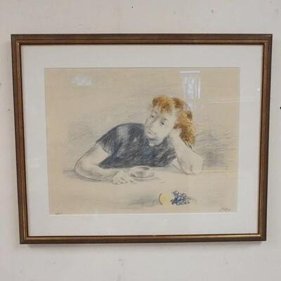 1122	FRAMED PRINT SIGNED & NUMBERED 25/35, OF YOUNG WOMAN LEANING ON A TABLE OVER A CUP OF COFFEE, 26 IN X 21 1/2 IN OVERALL

