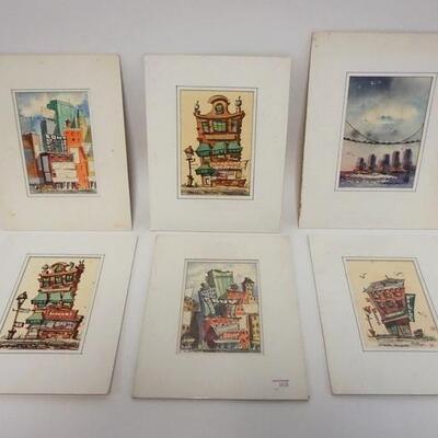 1039	SIX STANLEY BRODEY SMALL WATERCOLORS AMERICAN ARTIST 1920-2001 IMAGES ARE 3 3/4 IN X 5 1/2 IN 
