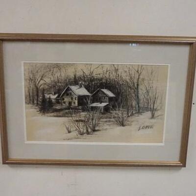 1187	FRAMED PASTEL SIGNED LOWE OF A FARM SCENE, 17 IN X 9 3/4 IN IMAGE
