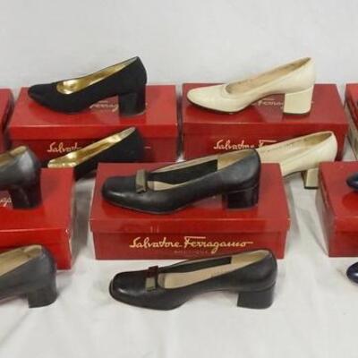 1231	LOT OF 7 PAIRS OF VINTAGE WOMENS SALVATORE FERRAGAMO SHOES IN ORIGINAL BOXES. SIZES RANGE FROM 7 1/2-8. VARYING DEGREES OF WEAR. AS...