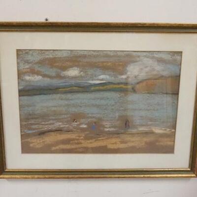 1119	FRAMED PASTEL OF PEOPLE ON SHORE, SIGNED, 12 IN X 18 IN IMAGE

