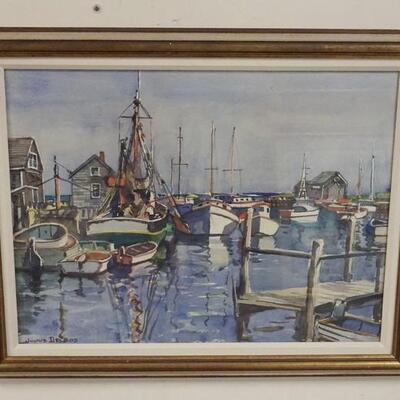 1183	JULIUS DELBOS FRAMED WATERCOLOR OF A HARBOR SCENE, 26 IN X 20 1/2 IN OVERALL
