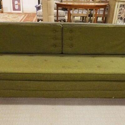 1102	MIDCENTURY MODERN UPHOLSTERED SOFA/SLEEPER, SOME STAINING & WEAR ON UPHOLSTERY, 85 IN X 33 IN X 29 IN HIGH
