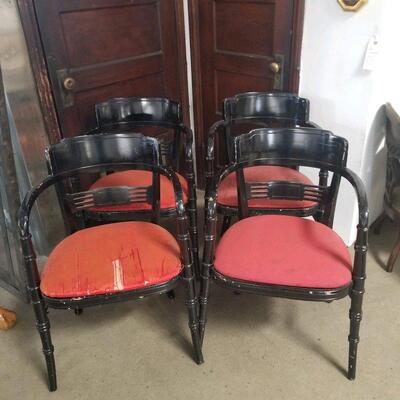Four black Art Deco / Asian Revival wood club chairs from Paramount Pictures prop house. They need some love but are very sturdy with a...