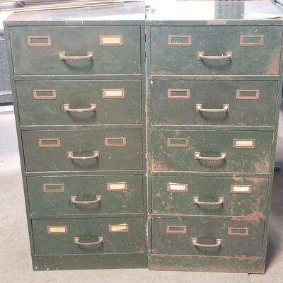 Two vintage metal cabinets with narrow file drawers. Drawers are full width of cabinet. can be purchased separately or as a set.