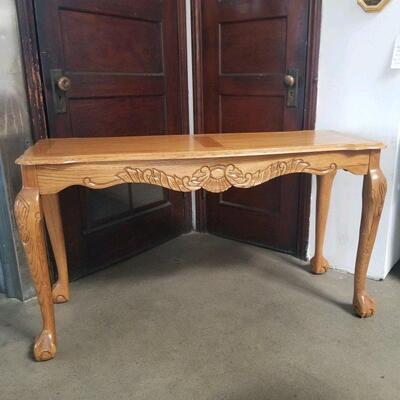 Vintage carved oak entry/sofa table; 50" length x 17 1/2" width x 27 1/2" tall in excellent condition