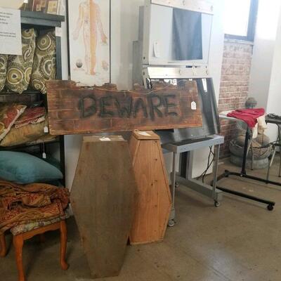 Halloween in May??? Yes! Prop wood Beware sign and two all wood small coffins from movie prop house.