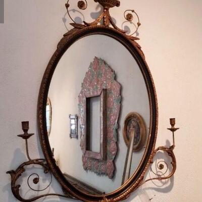 Antique French mirror with attached candle sconces 32" at widest x 47" total length & approx 4" depth. One repair on...
