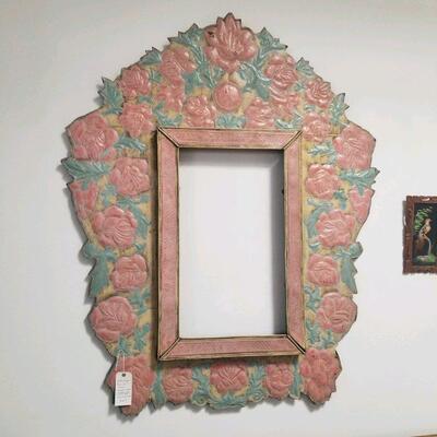 Vintage large tin on wood frame, hand painted from Mexico in the late 1940s. 51" wide x 62" long. Outset frame ( was originally...