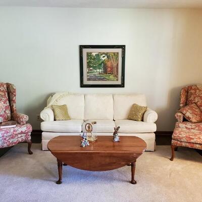 Living room group showing sofa, 2 Q Anne wing chairs, drop leaf coffee table