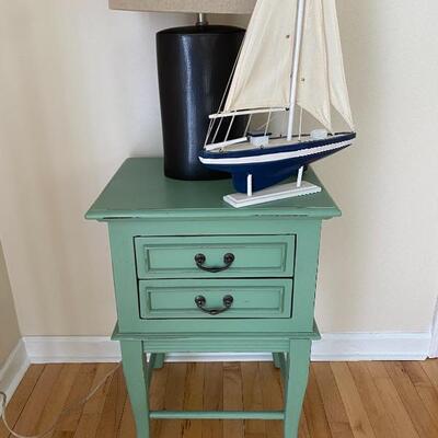 Teal Distressed Painted Two Drawer Table. $90.00