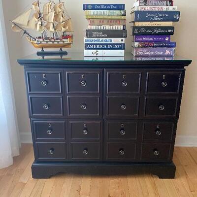 Very Dark Gray with Black Top 4 Drawer Apothecary Style Chest. Good condition. 37x16x20. $275.00 
