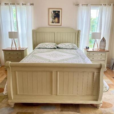 Cream Painted Wood Contemporary Coastal Bedroom Suite. Queen bed and two side tables. Light damage at foot of bed.  $475.00 all.