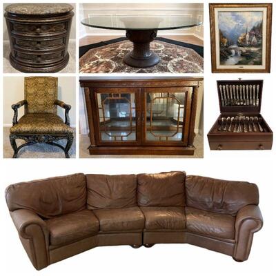 Henredon Masterpiece Dining Table, Exquisite Bernhardt Dining Chairs, Leather Sectional Couches, Copper Surface Coffee Table, Gecko Heat...