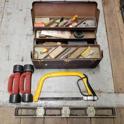 #7520 â€¢ Hand Saw, Tackle Box. Two Five Pound Weights, And A Level