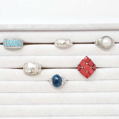 758	

6 Sterling Silver Semi-Precious Stone Rings- 59.5g
Weighs Approx 59.5g Sizes Include 10, 6.5, 7.5, 8.5, 10.5