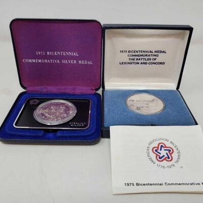 818	

1973 Bicentennial Commemorative Silver Medal, 1975 Bicentennial Medal Cmmemorating The Battle Of Lexington and Concord