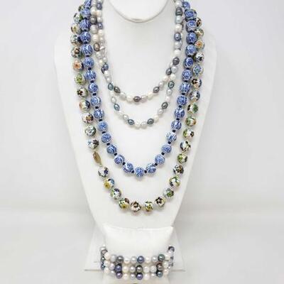 #694 â€¢ Ceramic Bead Necklace And Costume Pearl Necklace And Bracelets