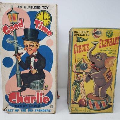 3014	
Vintage Battery Operated Good Time Charlie And Battery Operated Circus Elephant Toy In Box
Vintage Battery Operated Good Time...