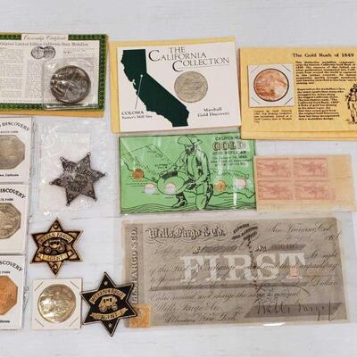 954	

3 Wells Fargo Agent Badges, Gold Coin Replicas, Collector Stamps, Original Limited Edition California State Medallion, Gold...