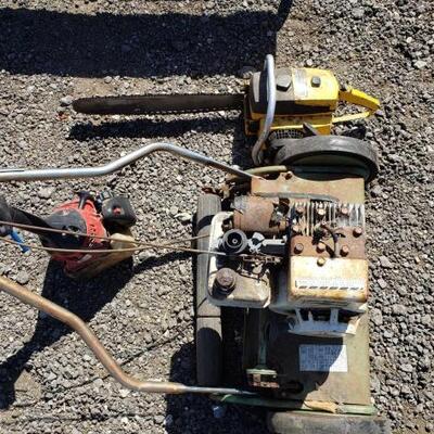 #50044 â€¢ Vintage Lawnmower, Weed Wacker, And Gasoline Powered Chainsaw