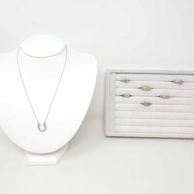 #750 â€¢ 6 Sterling Silver Rings With Accent Diamonds, 1 Sterling Silver Necklace With Tiny Diamonds