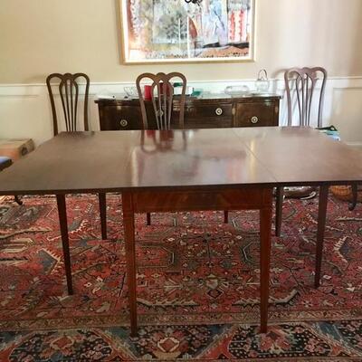 Drop leaf mahogany dining table & custom table pads $399
54 X 73 X 30