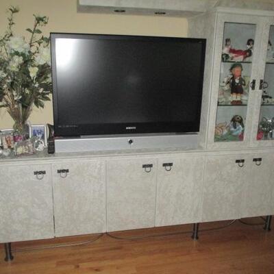 Stylish Gray Custom Credenza with Attached Display Lighted Cabinet