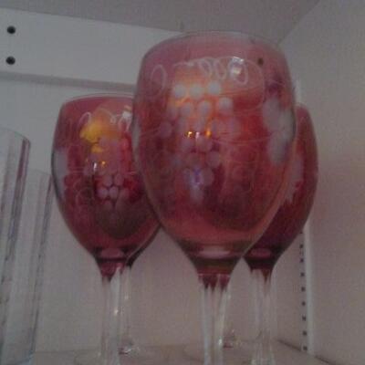 Vintage Ruby Red/Cranberry Cut to Clear Etched Glass Grapes Wine Goblets