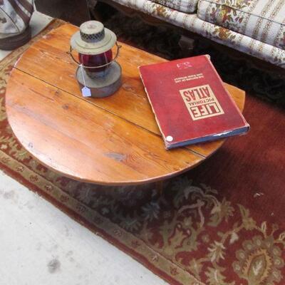Antique handmade rustic coffee table, Antique Handlan railroad lantern & vintage LIFE Atlas Book.