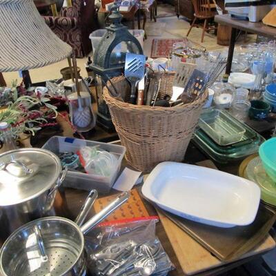 Lots of nice kitchen items - utensils, pyrex, corning ware, cookware, sorting bins, cutting board, flatware, etc.