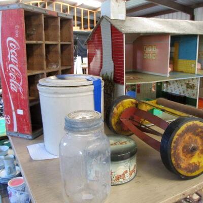 Antique Coca-Cola crate, 1800's Crock Butter Churn, Antique Atlas Mason Jar.
