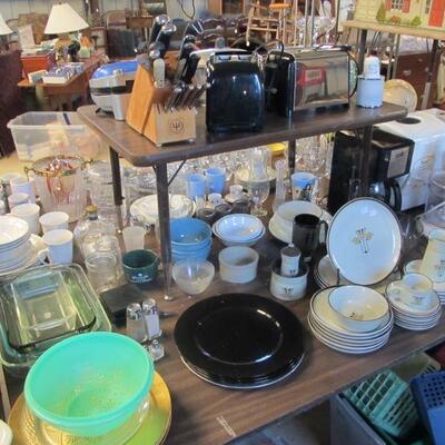 Lots of nice kitchen items - utensils, pyrex, corning ware, fire king, vintage dishware, small appliances, etc.