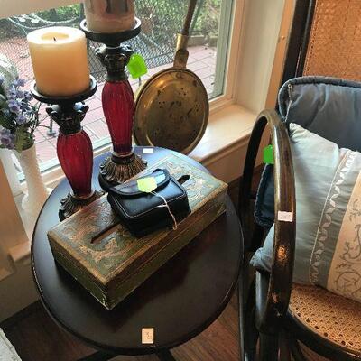Mahogany Tilt Table, Candle Sticks, Antique Brass Bed Warmer