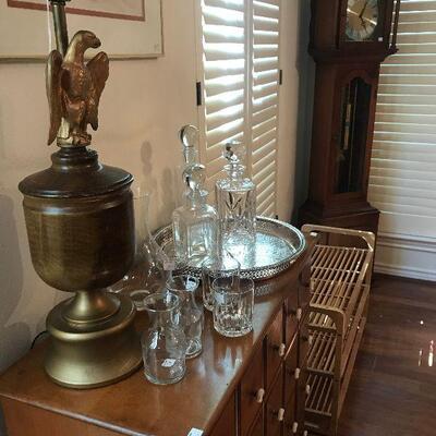 Early American Table Lamp, Crystal Decanters.