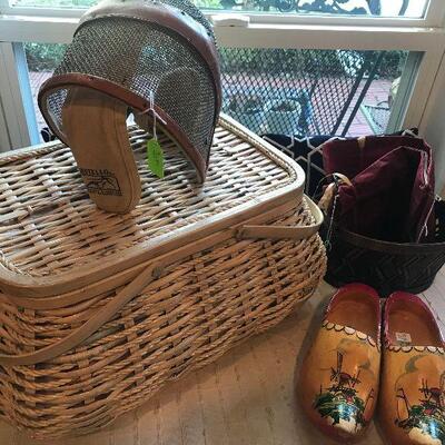 Picnic Basket, Antique Fencing Mask, Wooden Shoes from Holland