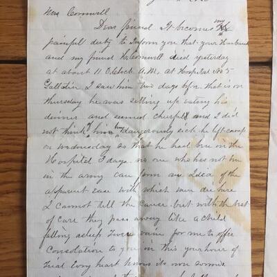 Letter addressed to a Civil War widow in Illinois informing her of her husbandâ€™s death. 1863.