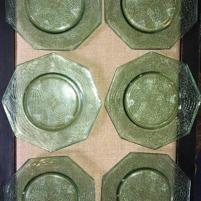 6 light green octagonal Depression Glass dishes 