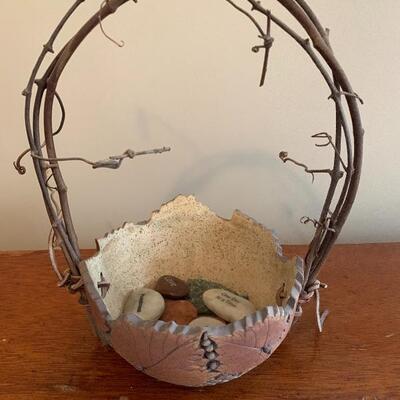 Unusual willow handled pottery basket