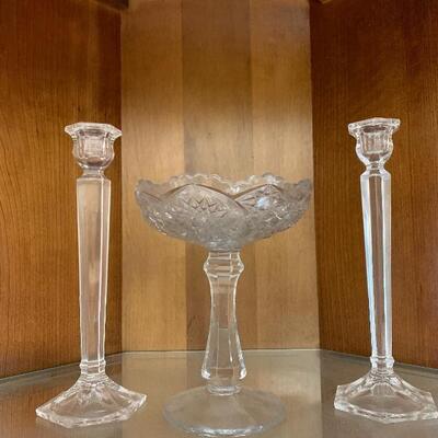 Crystal candlesticks and Press Cut Compote