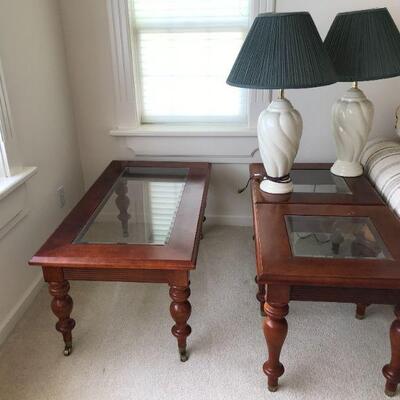 matching glass and wood coffee table and (2) side tables