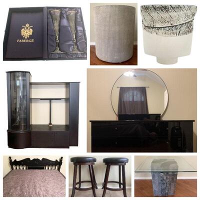 Awesome Mid-Century Furniture - Glass Top Stone Tables - NuStep Cross Trainer - Dining Table & Chairs - Faberge Crystal Flutes - Black &...
